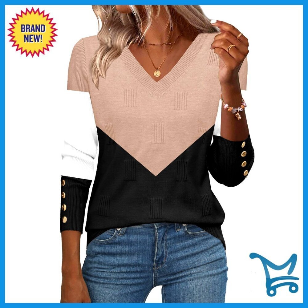 V Neck Ribbed Knit Pullover Sweater Long Sleeve Lightweight Button Cuff Classic